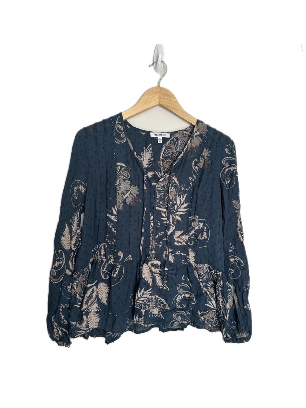 William Rast Navy Blue Floral Beaded Boho Long-Sleeve Peasant Blouse